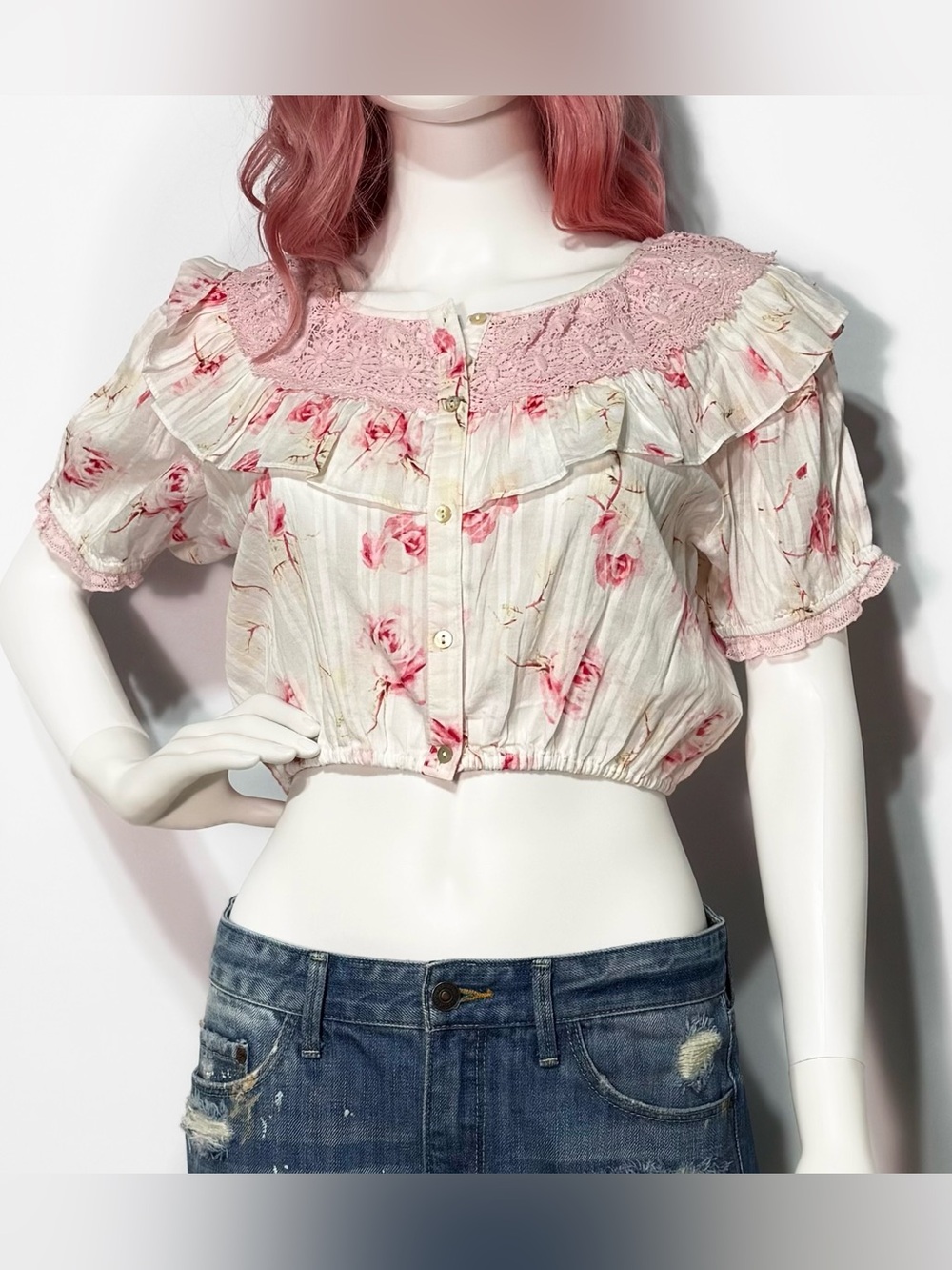 NWT LoveShackFancy Pink & Cream Floral Ruffled Cropped Blouse | Size M - Picture 3 of 6